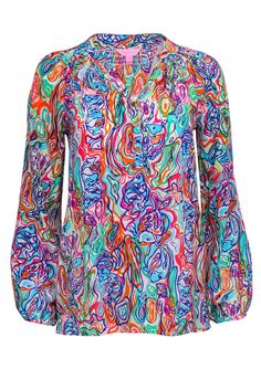 Go ultra bright and bold, the only way Lilly Pulitzer knows how! Made of 100% super soft silk and adorned with a vibrant print in Pulitzer's iconic eye-catching colors, this breezy blouse is here to help you stand out all summer long! Whether you're jet-setting to Key West or off to your house in the Hamptons, pair this beauty with white shorts and woven wedges and you'll be styling and profiling throughout the season! Size XXS 100% Silk Front quarter button-up closure w/ logo buttons Unlined No Long Sleeve Silk Blouse With Vibrant Print, Silk Tops With Multicolor Graphic Print, Silk Tops With Vibrant Print And Long Sleeves, Multicolor Print Silk Long Sleeve Blouse, Multicolor Print Long Sleeve Silk Blouse, Silk Long Sleeve Blouse In Multicolor Print, Silk Long Sleeve Multicolor Print Blouse, Multicolor Silk Tops With Vibrant Print, Spring Multicolor Tops With All Over Print