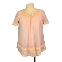 Womens vintage chiffon pink babydoll nightie set.  Night gown is two layers of fabric, lace at top and  hem.  Robe is two layers, short sleeves, snap at neck. Lace trim on neckline and front hem. Both pieces have a few tiny random holes, see pics. This item is in Good pre-owned condition.     A few tiny holes on robe, see pic DETAILS: Brand: Intime California Tagged Size: P Material: 100% Nylon Color: Pink,  Made in:  Measurements: Chest: 36" Length (Shoulder to Hem): 26" Pink Lace Top With Ruffles, Pink Ruffled Lace Top, Pink Delicate Lace Sleepwear For Spring, Pink Lace Top With Ruffles For Spring, Sheer Pink Lace Top, Pink Lace Trim Sleep Top, Pink Sleep Top With Lace Trim, Pink Lace Blouse With Ruffles, Lace Trim Bedtime Tops