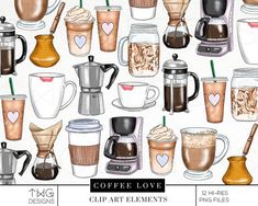 coffee clipart elements for commercial use, including cups and mugs with hearts on them