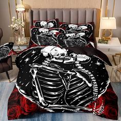 a bed with a skeleton and roses on it