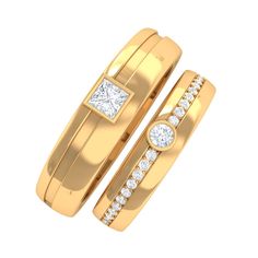 two gold wedding rings with diamonds on each one and an invisible band around the other