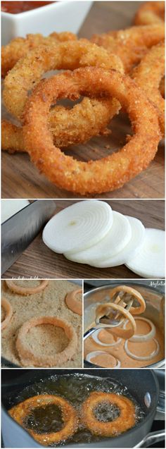 onion rings are being cooked and then fried