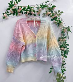 Pastel Rainbow Cropped Sweater Cardigan One Size Bust: 90cm Length: 39cm Sleeve: 57cm Rainbow Long Sleeve Sweater For Spring, Long Sleeve Rainbow Sweater For Spring, Spring Rainbow Long Sleeve Sweater, Multicolor V-neck Cotton Cardigan, Multicolor Cotton V-neck Cardigan, Rainbow Knit Sweater For Spring, Spring Multicolor Knitted Cardigan, Cute Multicolor Long Sleeve Cardigan, Rainbow Long Sleeve Sweater For Fall