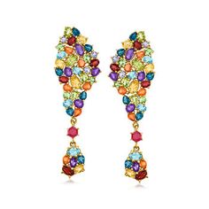 Ross-Simons - 13.60ct t. w. Multi-Gemstone Cluster Drop Earrings in 14kt Gold Over. Confectionery colors make this pair oh-so-sweet! The drop earrings dangle red corundum with 13.60 ct. tot. gem wt. clusters of garnet, amethyst, peridot, citrine, London and sky blue topaz, orange sapphire, tsavorite and tanzanite. Set in 14kt yellow gold over sterling silver. Hanging length is 2 1/4". Post/clutch, multi-gemstone cluster drop earrings. Topaz Orange, Peridot Color, Topaz Color, Peridot Stone, Sapphire Color, Amethyst Color, Natural Gold, Orange Sapphire, Sky Blue Topaz