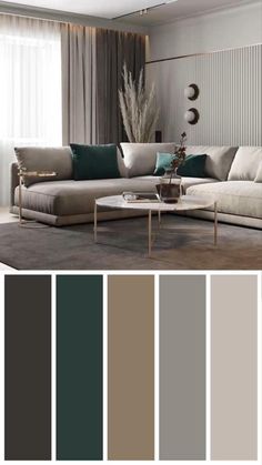 a living room filled with lots of furniture and colors in shades of grey, brown, green