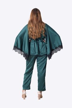 green satin pajama pant set Elegant Green Satin Sleepwear, Green Satin Sleepwear For Loungewear, Green Satin Kimono, Satin Sleepwear With Kimono Sleeves, Green Satin Sleepwear, Green Satin Pajamas, Elegant Loungewear, Kimono Wrap Top, Satin Pajamas Set