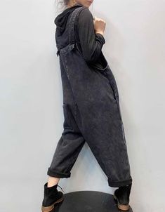 Autumn Thick Loose Denim Jumpsuit Women — Obiono Black Utility Denim Jumpsuit For Fall, Gray Grunge Bottoms For Winter, Gray Grunge Winter Bottoms, Grunge Gray Winter Bottoms, Winter Grunge Gray Bottoms, Casual Washed Black Overalls For Spring, Casual Cotton Denim Jumpsuit For Fall, Casual Relaxed Fit Overalls For Fall, Casual Fall Overalls With Relaxed Fit