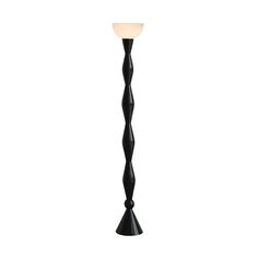 a black floor lamp with a white light on it's top and bottom part