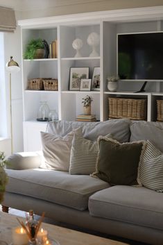 a living room filled with furniture and a flat screen tv mounted on a wall above it