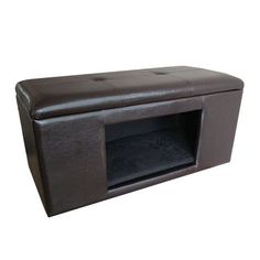 a large brown leather storage bench with an open door on the top and bottom shelf