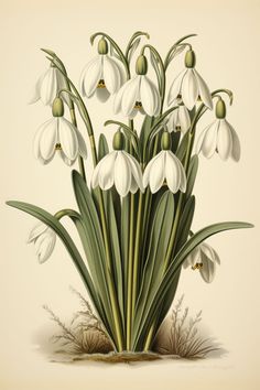 an illustration of snowdrops with green stems and white flowers in the foreground