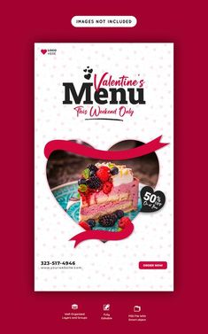 the valentine's menu is displayed on a red background with an image of a piece of cake