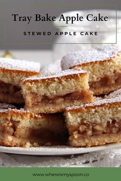 several pieces of cake on a plate with the words tray bake apple cake over it