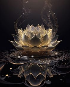 a golden lotus flower sitting on top of a body of water with bubbles floating around it