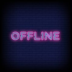 the word offline is lit up in pink neon letters on a dark brick wall