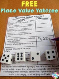 two dices are on top of a piece of paper with the word place value yaht