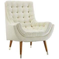 an upholstered white chair with wooden legs and buttons on the armrests