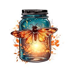 a glass jar with a butterfly inside and watercolor splotters around the jar