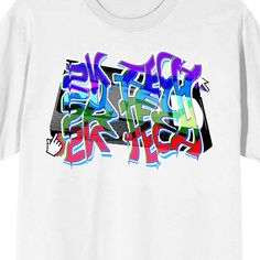 Celebrate your favorite decade with this 2K Tech tee. The shirt features an image of a VHS tape behind colorful letters that repeat the words, "2K Tech." The tee comes in a white short sleeve crew neck. Fans of the 90s will love this comfy cotton t-shirt. Multicolor Crew Neck T-shirt With Logo Print, Urban Graffiti Print T-shirt For Fans, Graphic Tee T-shirt With Graffiti Print For Fans, 90s Graffiti Print T-shirt For Streetwear, Urban Multicolor Graphic T-shirt, Urban Style Multicolor Graphic T-shirt, Multicolor Hip Hop Tops With Letter Print, Multicolor Letter Print Tops For Streetwear, Fan Merchandise Crew Neck T-shirt With Graffiti Print