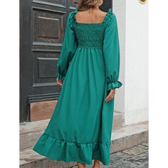 Green Pleated Square Neck Ruffled Casual Dress Fall Midi Dress With Ruffles And Square Neck, Fall Ruffle Midi Length Dress, Fall Ruffle Midi Dress, Green Midi Dress With Ruffle Hem For Fall, Solid Color Ruffled Midi Dress For Fall, Solid Ruffled Midi Dress For Fall, Solid Midi Dress With Ruffles For Fall, Fall Solid Color Midi Dress With Ruffles, Fall Midi Dress With Billowy Ruffle Hem