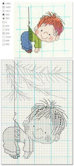 a cross stitch pattern with a boy and a fish on it, next to a graph paper