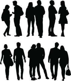 several silhouettes of people standing in different positions, one holding a cell phone and the other carrying a bag