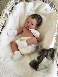 a baby is laying in a basket with a stuffed animal next to it on a blanket