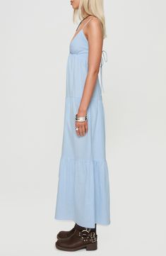 This charming maxi dress is cut from lightweight cotton and fashioned with an open, strappy back and flowy tiers. Adjustable back tie closure V-neck Spaghetti straps Lined 100% cotton Machine wash, line dry Imported Pink Formal Dresses, Fleece Dress, Outerwear Outfit, Strapless Tops, Pink Midi Dress, Tiered Maxi Dress, Curve Dresses, Casual Tank Tops, Going Out Dresses