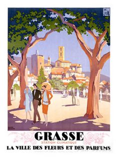 an old french poster shows people walking in the park with trees and buildings behind them