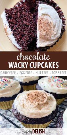 chocolate wacky cupcakes with white frosting and sprinkles