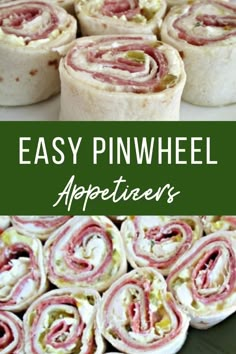 an easy pinwheel appetizer is shown with the title