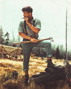 Vintage aesthetic retro 90s 90s brown guy cutting wood in farm fashion photography Lumber Jack Aesthetic Men, Logger Man Aesthetic, 80s Farm Aesthetic, Farm Outfit Aesthetic Men, Male Farmer Aesthetic, 80s Men Aesthetic, Brown Men Aesthetic, Woodcutter Aesthetic, Workman Aesthetic