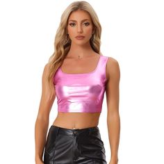 The shiny metallic crop top can be added to your party collection. It is suitable for parties, clubs, cocktails, nights out, and gatherings! The fashionable style highlights your torso well and shows your shoulders at the same time. The perfect eye-catching sleeveless crop top with metallic shining, allows you to shine on the night of the party. You can pair it with hot pants, a leather jacket, or a skirt for a charming look. Sparkly Sequin Top, Metallic Crop Top, High Neck Tank Top, Cami Crop Top, Sleeveless Crop Top, Hem Style, U Neck, Pink Tank Top, Halloween Women