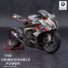 a futuristic motorcycle is parked on the ground in front of a black background with an ad for bmw