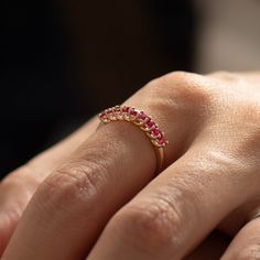 Natural Red ruby ring made in 14k / 18k yellow gold and set with 9, high-quality red rubies in a unique shared prong setting. This listing is for YELLOW GOLD. You can order other colors from the following links: ● White gold - https://www.etsy.com/listing/1602892856 ● Rose gold - https://www.etsy.com/listing/1602900458 ♦ GEMSTONE SPECIFICATIONS ♦ Type: Ruby Shape: Round Brilliant Pieces: 9 Total Carat Weight: 0.55 ct Color: Red ♦ All of our stones are 100% natural. ♦ We work with high-quality diamonds and gemstones, at the highest standards. ♦ The ring comes with our Jewelry certificate which we state all of the specifications of the ring and the stones. --DIMENSIONS-- The width is about 1.8 mm --CUSTOMIZATION-- ● We can adjust quality preferences or quality to budget - feel free to contac Gold Ruby Ring In Fine Jewelry Style, Red Ruby Ring For Promise With Round Band, Promise Ruby Ring In Gold With Brilliant Cut, Rose Gold Ruby Ring In Fine Jewelry Style, Gold Ruby Ring For Anniversary, Red Ruby Promise Ring With Round Band, Yellow Gold Ruby Diamond Ring Stamped 14k, Ruby Birthstone Ring In Yellow Gold With Prong Setting, Yellow Gold Ruby Halo Ring For Wedding