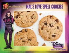 an advertisement for disney's mal's love spell cookies with a woman holding a cookie