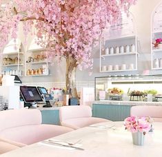 the interior of a restaurant with pink flowers on the tree in front of the counter