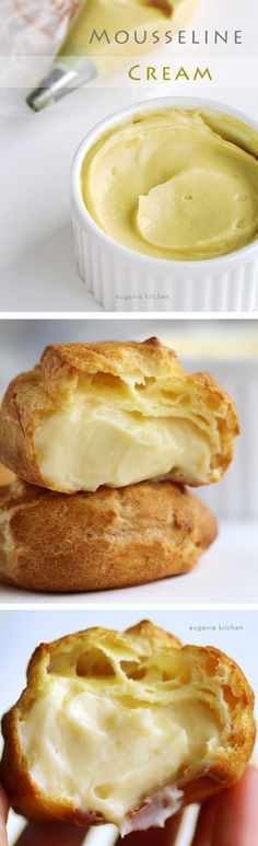 there are three different pictures of bread with cream in them