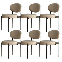 six modern chairs with beige upholstered back and seat cushions, all in different sizes