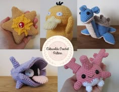 four crocheted stuffed animals in different colors and sizes, each holding a star