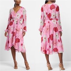 This Dress Is New With Tags And Has Only Been Worn To Try On. It Would Be Beautiful For A Summer Wedding! Express Size Small Flowy Pink Midi Dress For Brunch, Chic Pink Midi Dress For Spring, Pink Knee-length Midi Dress For Spring, Chic Flowy Pink Dress, Pink V-neck Midi Dress For Spring, Chic Pink Floral Print Midi Dress, Pink Flowy Knee-length Dress, Pink Floral Print Knee-length Midi Dress, Wrap Midi Dress