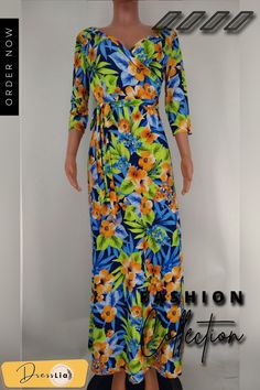 Summer Women Floral Print Sexy V-neck Beach Boho Three Quarter Sleeves A-line Maxi Long Dresses V-neck Printed Maxi Dress For Beach Season, Tropical V-neck Beach Dress For Spring, Fitted V-neck Vacation Dress, Summer A-line Maxi Dress For Beach Season, Holiday V-neck Floral Print Beach Dress, Beachwear Dress With Surplice Neckline For Vacation, Green V-neck Beach Dress For Vacation, A-line Maxi Dress For Beach Season, Hawaiian V-neck Dresses For Vacation