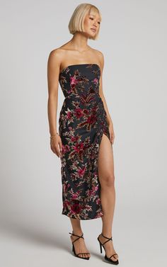 Complete your look with the Jessell Midi Dress - High Split Strapless Dress in Black Floral from Showpo USA. Fast US Shipping Available & Extended Returns. Glamorous Velvet Strapless Dress, Glamorous Strapless Velvet Dress, Strapless Midi Dress With Side Slits, Elegant Floral Print Strapless Dress For Gala, Party Midi Dress With Floral Print And Straight Neckline, Strapless Floral Print Midi Dress For Date Night, Party Strapless Dress With Straight Neckline And Floral Print, Evening Strapless Velvet Dress, Elegant Floral Print Dress With Split