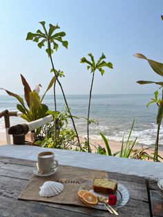 there is a piece of cake and some fruit on the table near the ocean with palm trees in the background