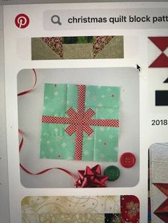 an image of christmas quilt block patterns on a computer screen with buttons and ribbons around it