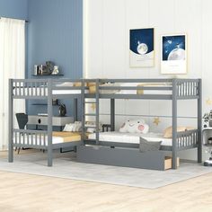 a child's bedroom with bunk beds and toys