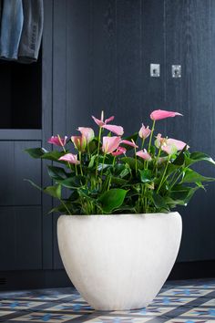 a white vase filled with pink flowers on top of a tiled floor