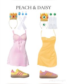 two dresses and shoes are shown with the words peach & daisy written on one side