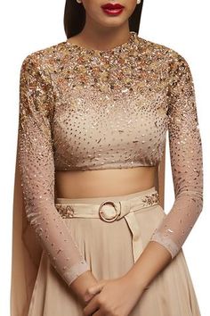 Shop for Shloka Khialani Beige Georgette Embellished Layered Lehenga Set for Women Online at Aza Fashions Shloka Khialani, Side Zip Blouse, Layered Lehenga, Beige Blouse, Sequin Embellishment, Set For Women, High Neckline, Aza Fashion, Belt Buckle