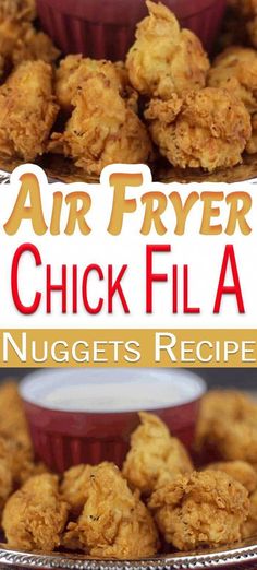 chicken flakes on a platter with dipping sauce in the middle and an advertisement for air fryer chicken flakes